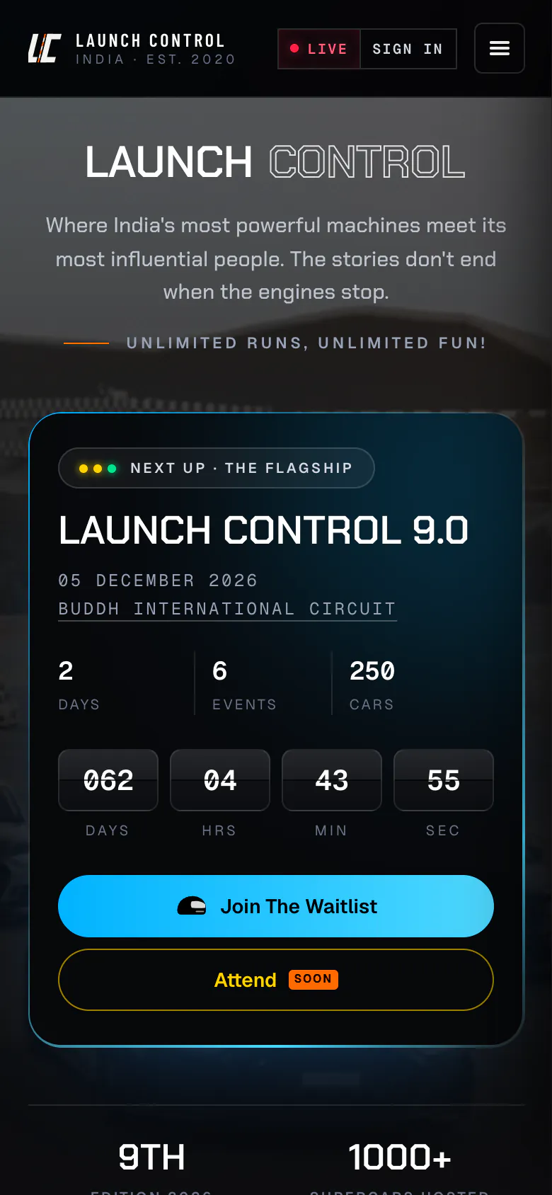 The same homepage on a phone: the Launch Control 9.0 card with its date, venue, countdown and Join The Waitlist button.