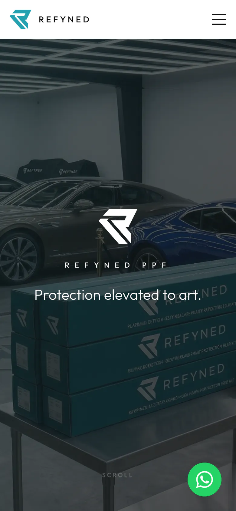 The refynedppf.com homepage on a phone, with the same mark and line over the studio.